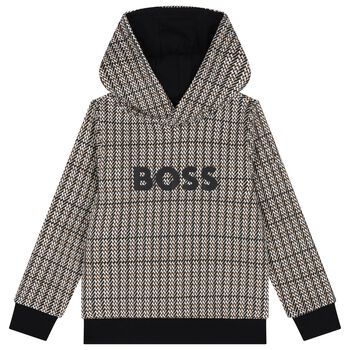 Boys Black, Beige & White Checked Logo Hooded Top