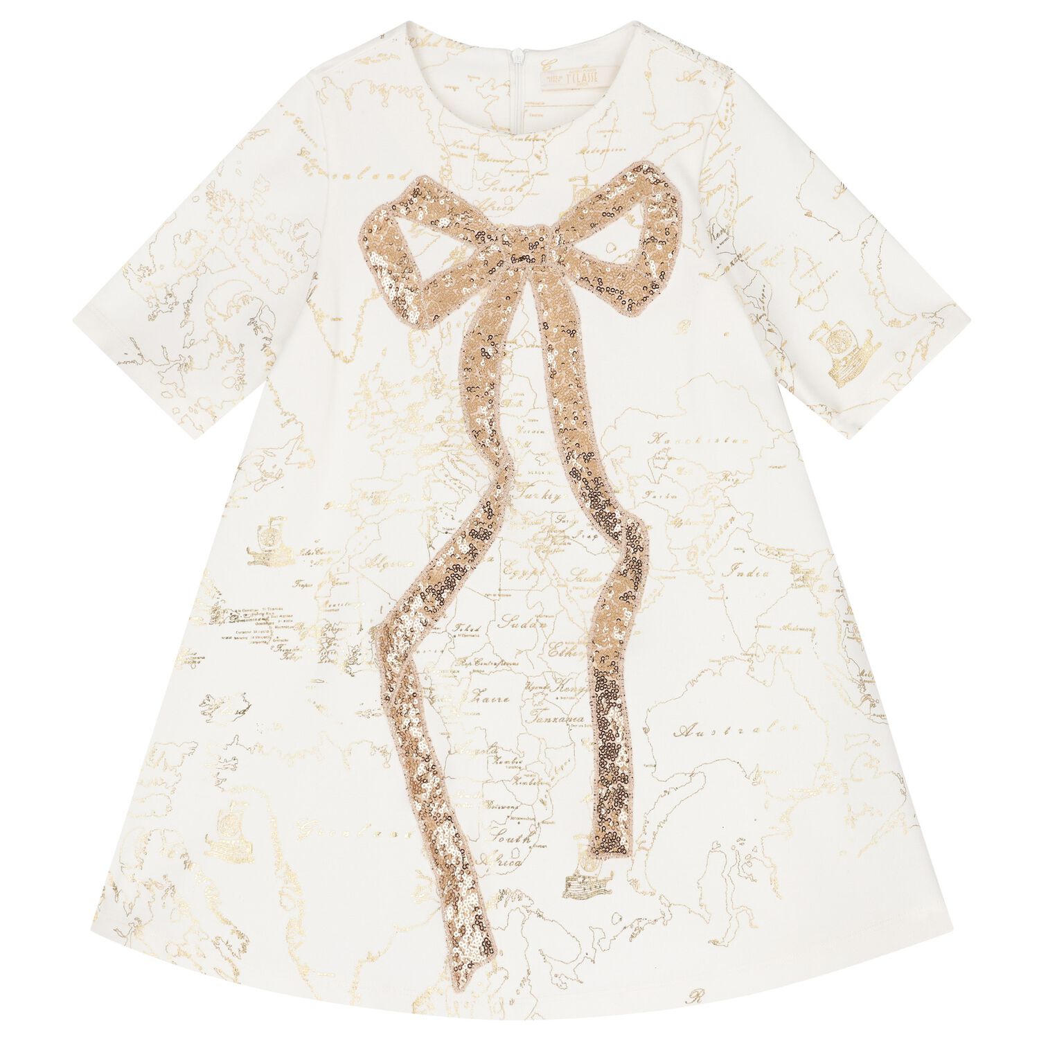 Girls White & Gold Geo Map Dress, 1, hi-res
