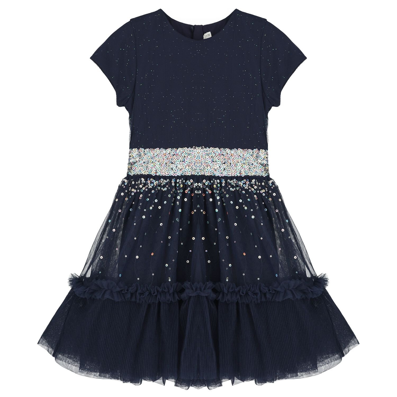 Girls Navy Blue Embellished Tulle Dress, 1, hi-res