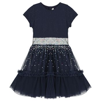 Girls Navy Blue Embellished Tulle Dress