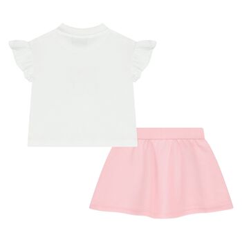 Younger Girls White & Pink Teddy Bear Logo Skirt Set