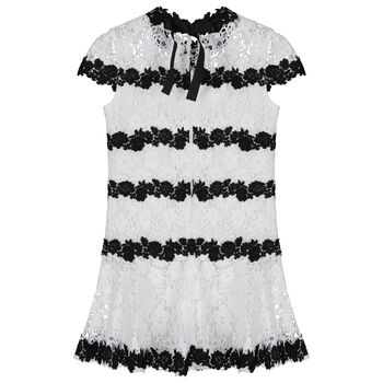 Girls White & Black Embroidered Floral Dress 