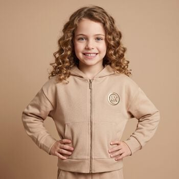 Girls Mini Me Beige Logo Hooded Zip Up Top