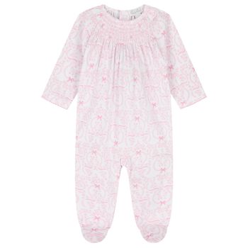  Baby Girls White & Pink Delicate Blooming Bow Babygrow