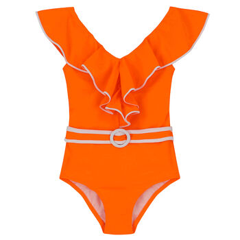 Girls Orange & White Frill Swimsuit