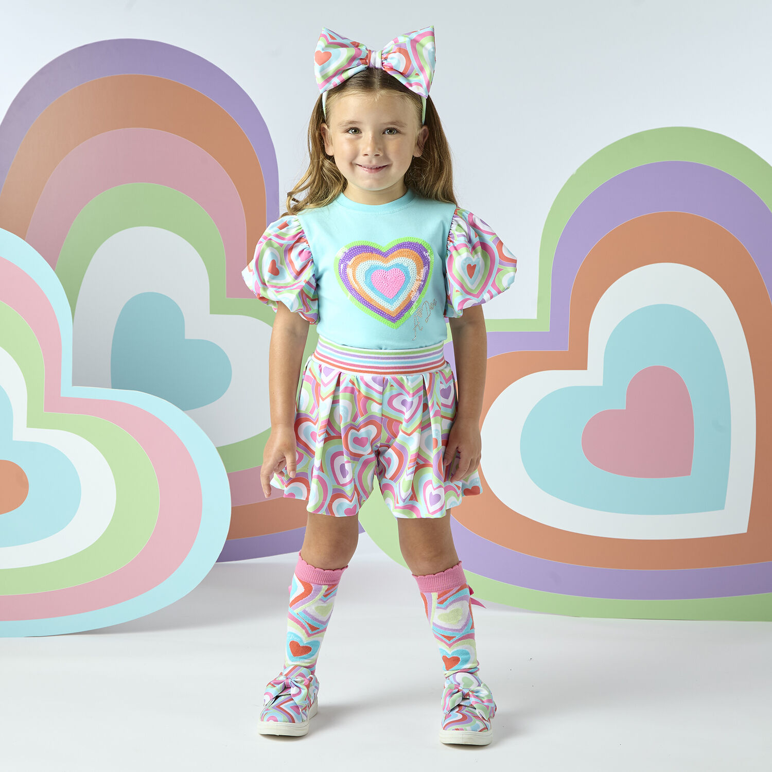 Girls Blue Cotton Heart Sequin Shorts Set, 1, hi-res