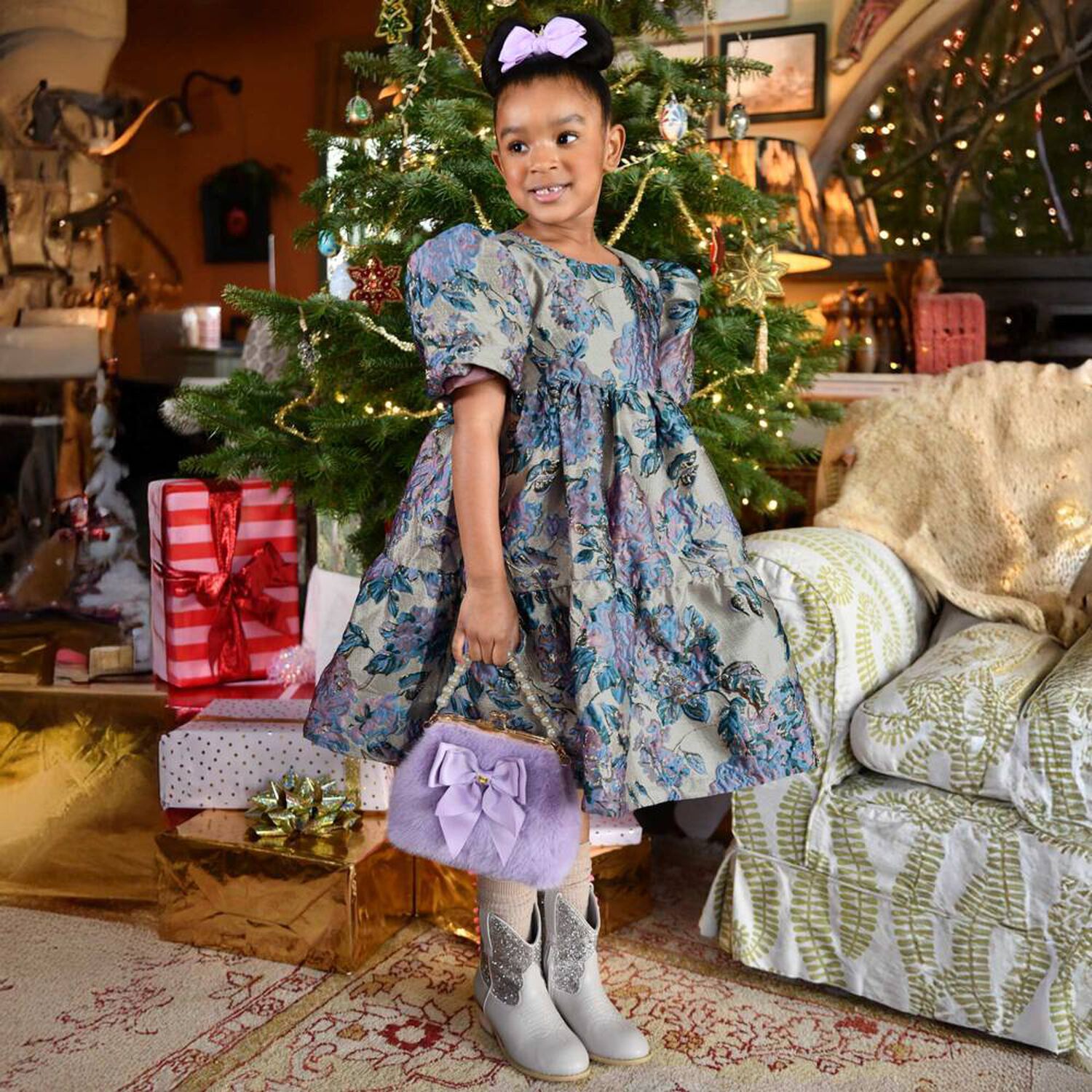 فستان بناتي من قماش الجاكار باللونين البنفسجي والأزرق, 1, hi-res