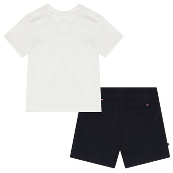 Baby Boys White & Navy Blue Logo Shorts Set