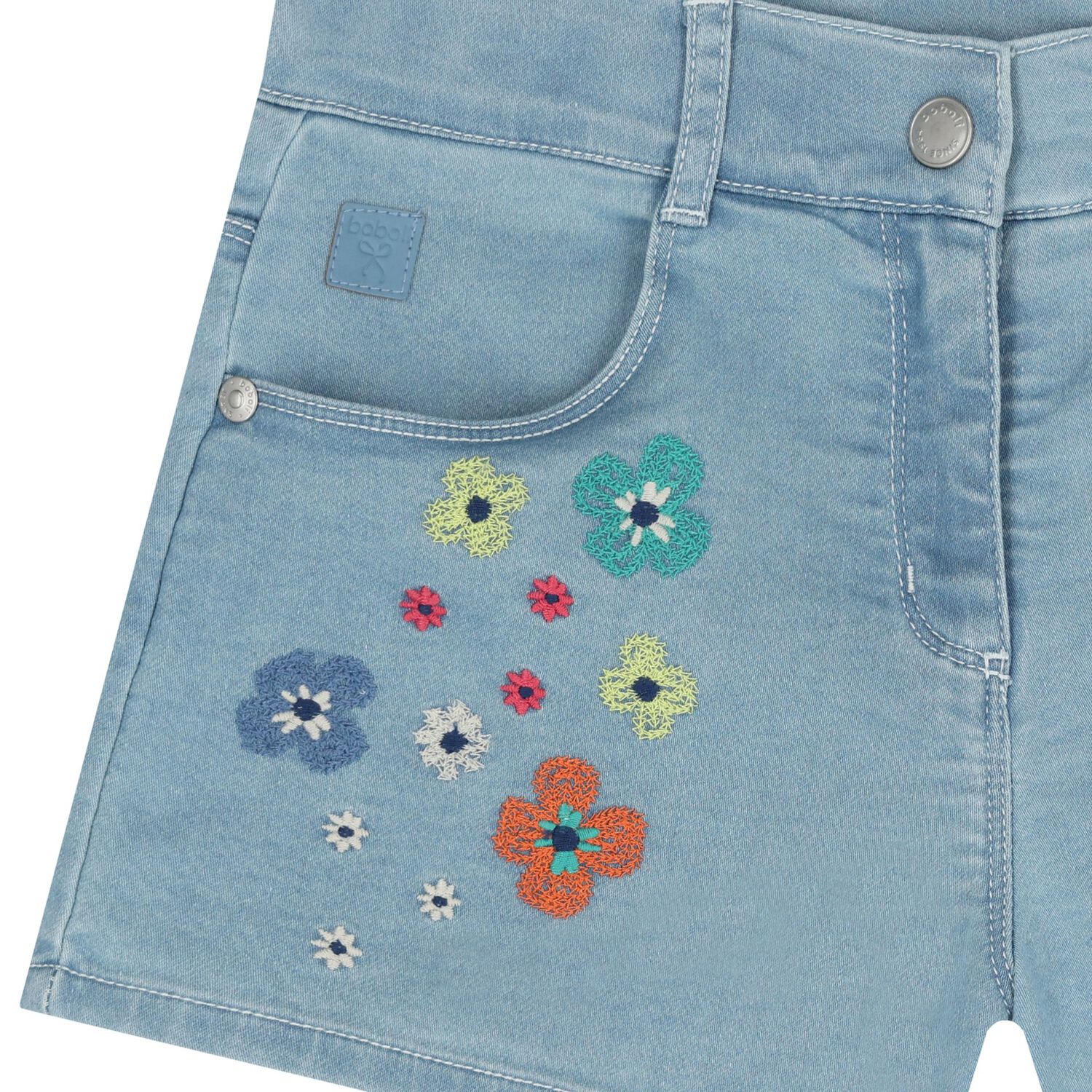 Girls Denim Blue Embroidered Flower Shorts, 1, hi-res