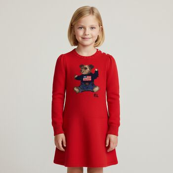 Girls Red Polo Bear Knitted Dress