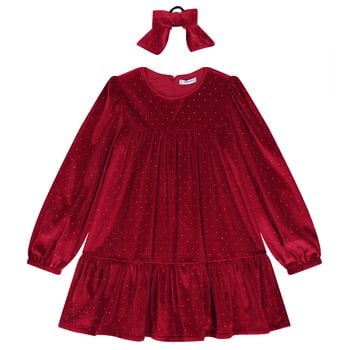 Girls Red Sparkle Velvet Dress Set