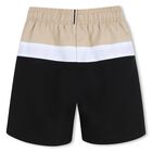 Boys Beige & Black Logo Swim Shorts, 1, hi-res