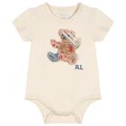 Baby Girls Beige Patchwork Bear Bodysuit, 1, hi-res