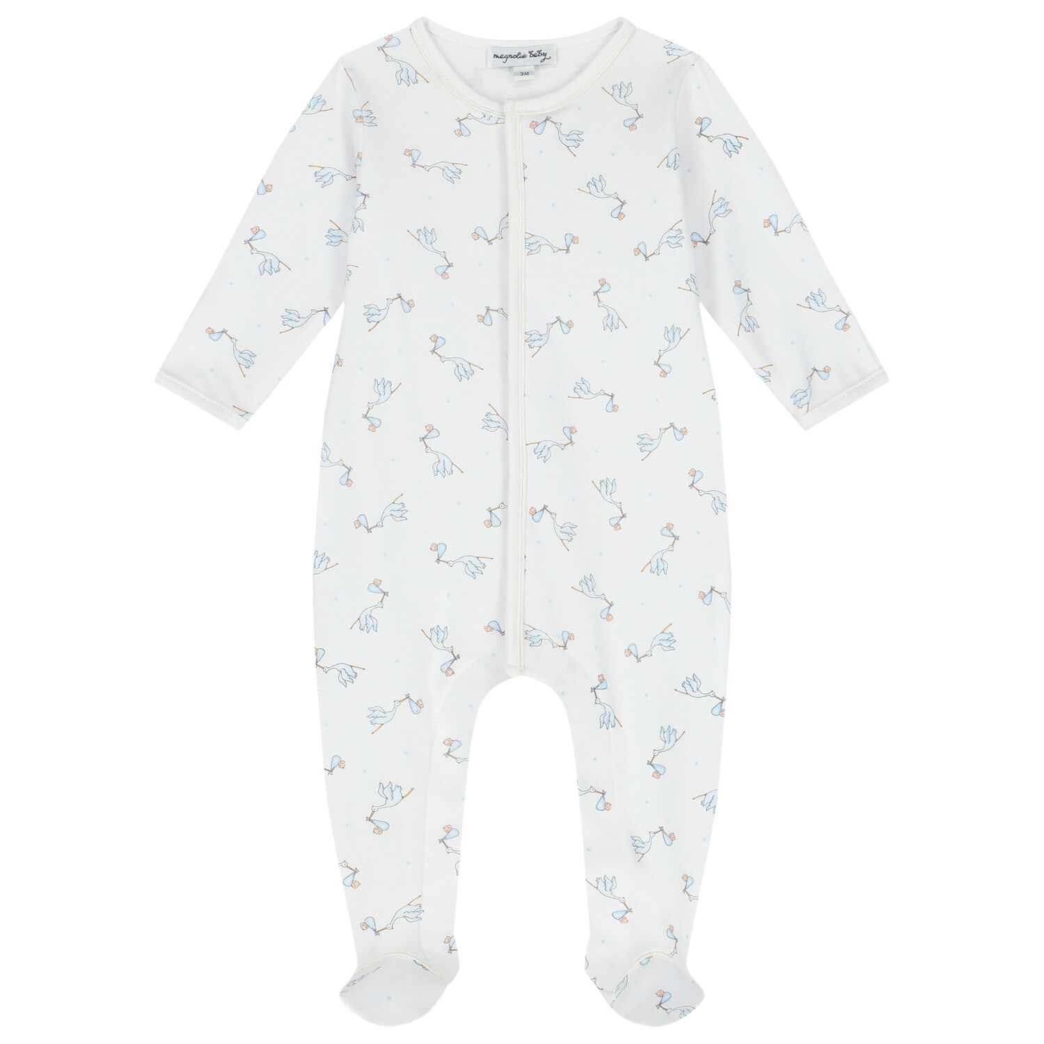 Baby Boys White & Blue Stork Print Babygrow, 1, hi-res image number null