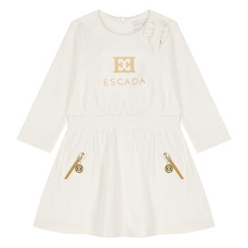 Younger Girls Ivory & Gold Logo Dress