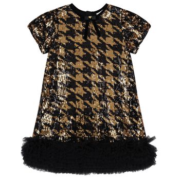 Girls Black & Gold Embellished Houndstooth Tulle Dress