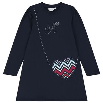 Girls Navy Blue Embellished Logo Dress