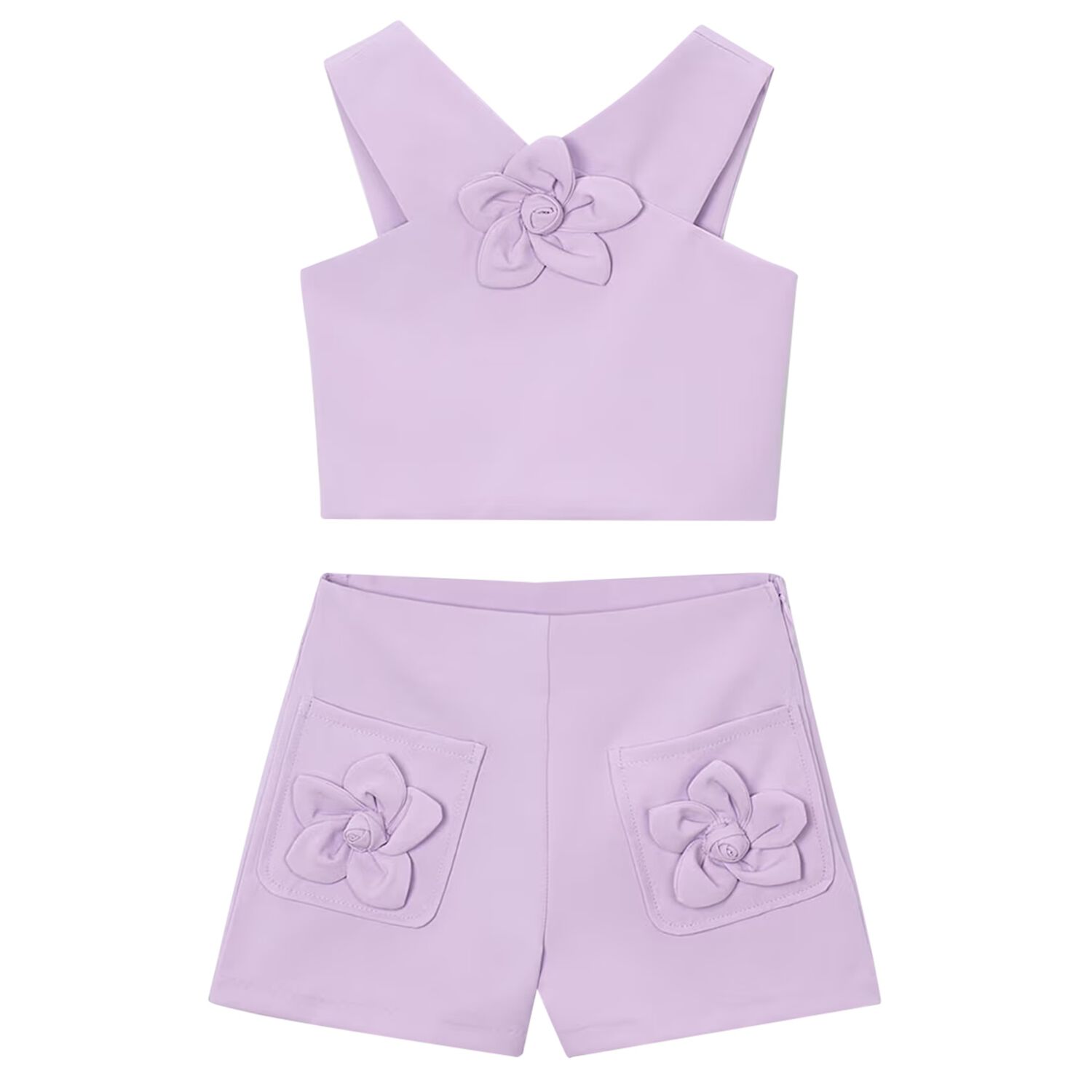 Girls Lilac Crepe Flower Shorts Set, 2, hi-res