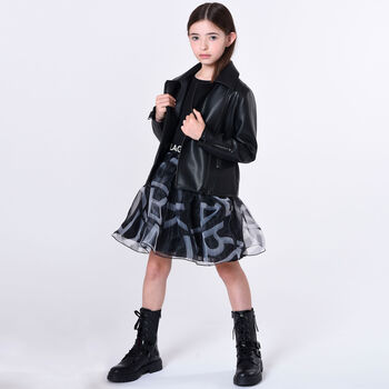 Girls Black & White Logo Organza Dress