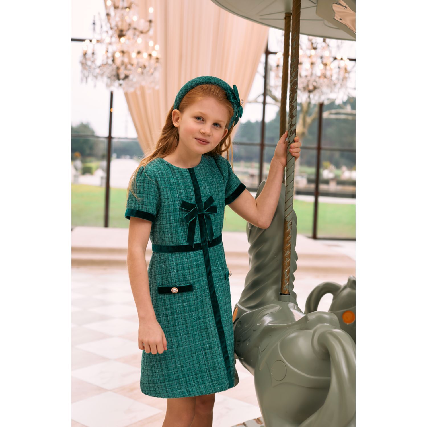 Patachou Girls Green Tweed & Velvet Bow Dress | Junior Couture USA