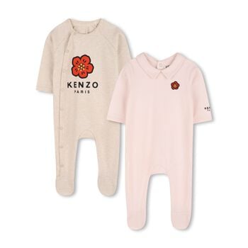 طقم ملابس اطفال مزين بالزهور باللونين البيج و الوردي (قطعتين)