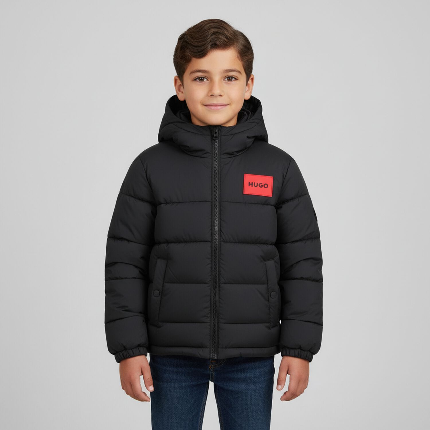 Boys Black Logo Puffer Jacket, 1, hi-res