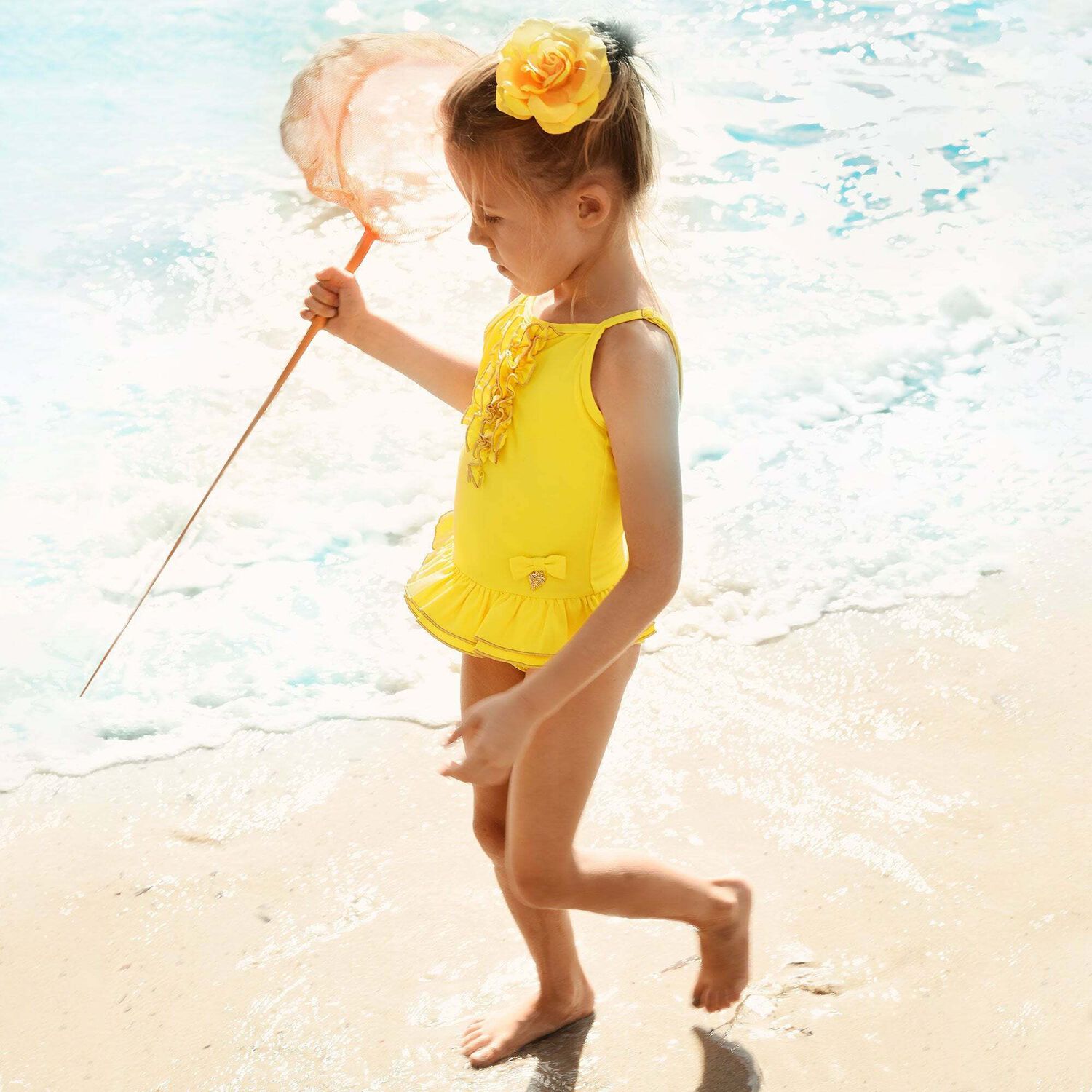Girls Yellow Ruffle Swimsuit, 1, hi-res