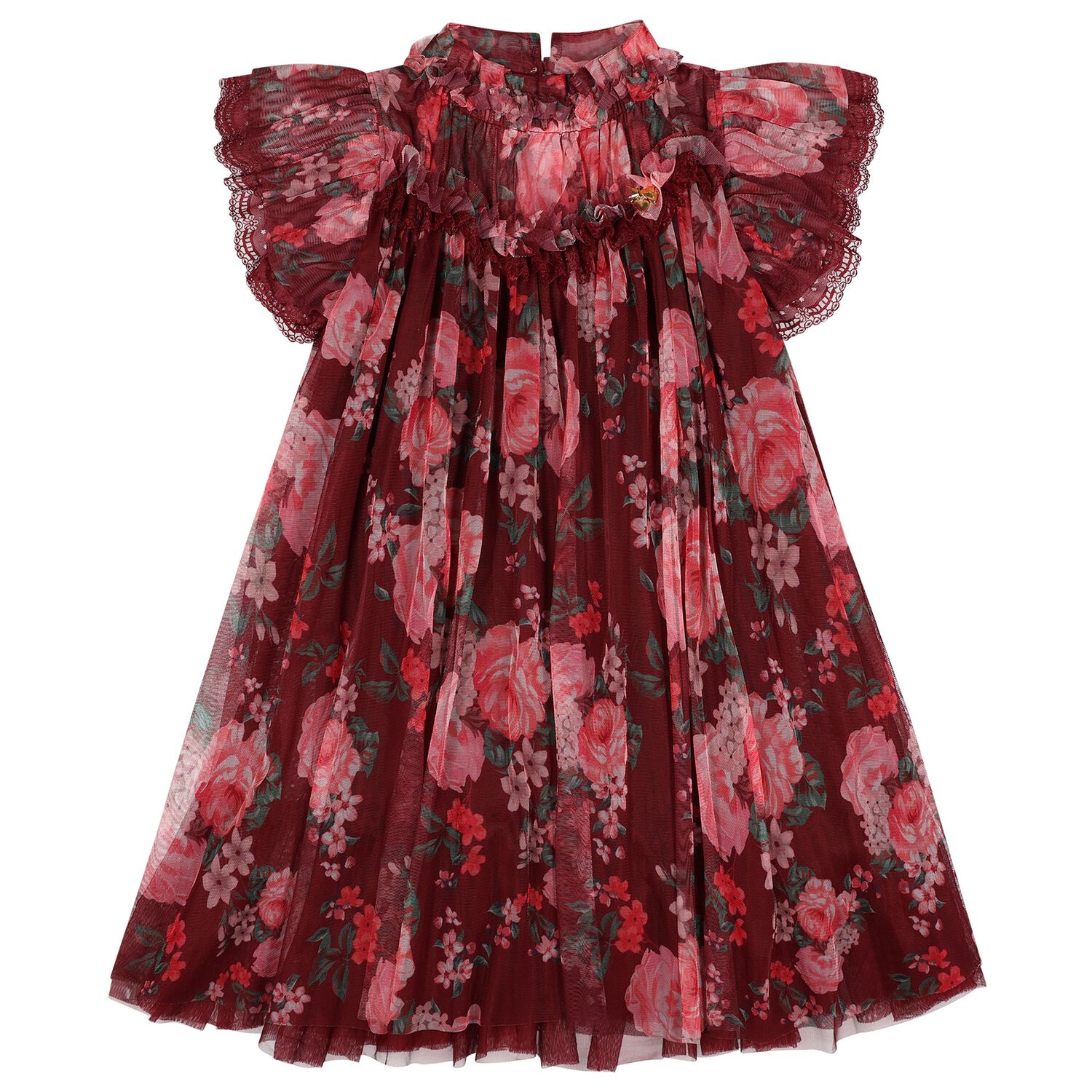 Girls Red Floral Ruffled Tulle Hettie Dress, 1, hi-res