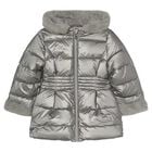 Girls Silver Puffer Coat, 4, hi-res
