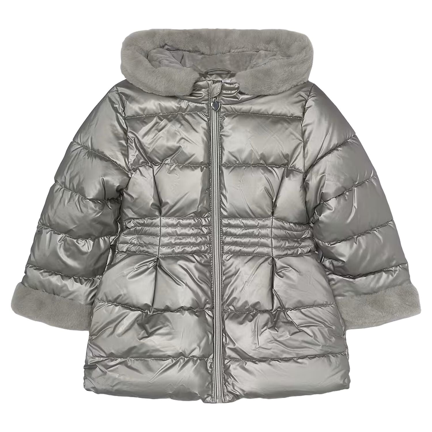 Girls Silver Puffer Coat, 4, hi-res