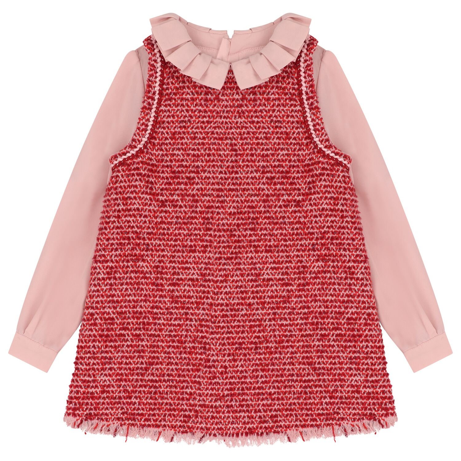 Girls Red Tweed & Pink Crêpe Chiffon Dress, 1, hi-res