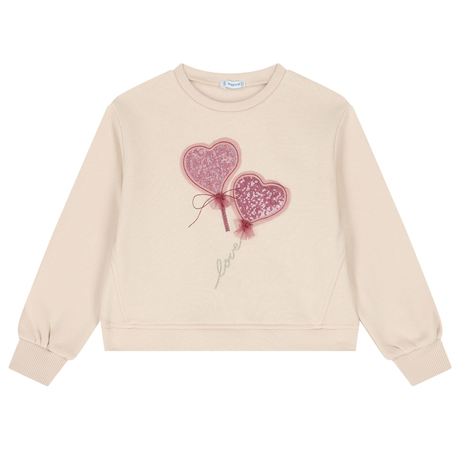Girls Beige Tulle Heart Sweatshirt, 1, hi-res