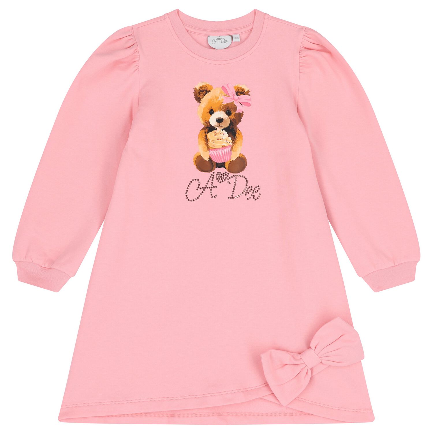 Girls Pink Logo Teddy Bear Sweatshirt Dress, 1, hi-res