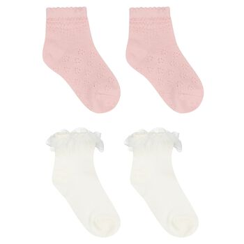 Younger Girls Ivory & Pink Socks ( 2-Pack )