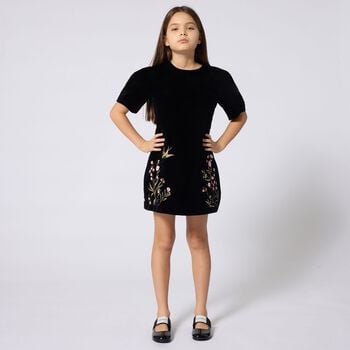 Girls Black Floral Velvet Dress