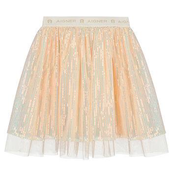 Girls Pink Embellished Sequin Tulle Skirt