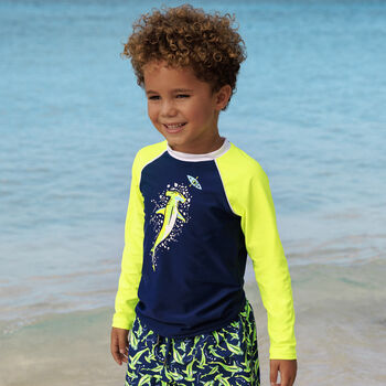 Boys Navy Blue & Neon Yellow Long Sleeve Rash Vest