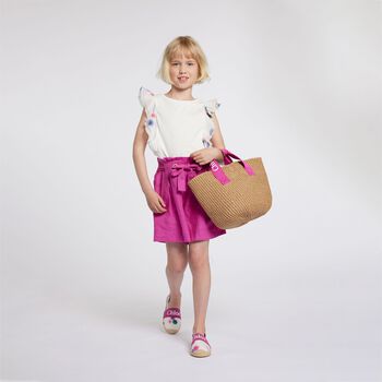 حقيبة بنات يد من القش باللون الوردي والبيج