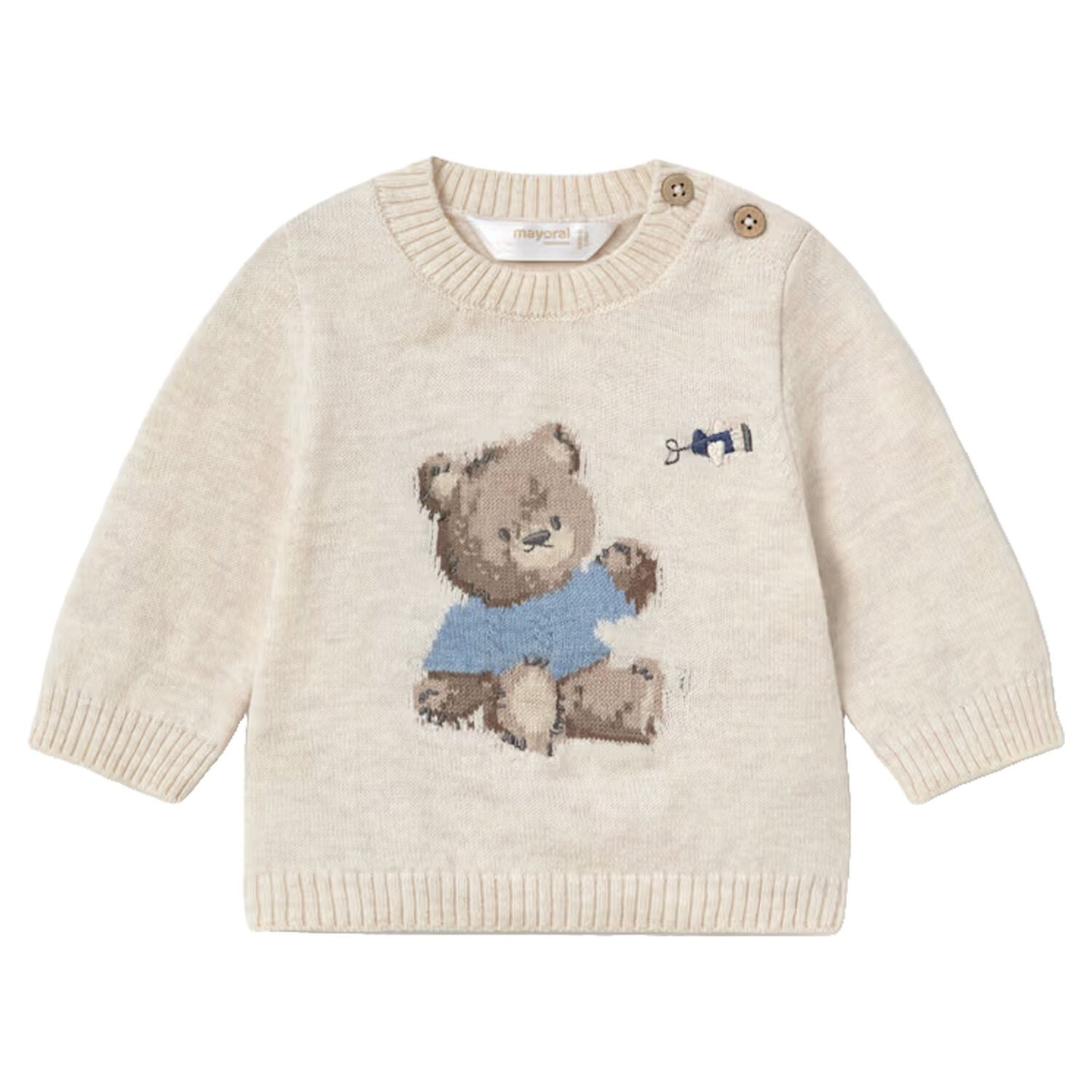 Baby Boys Beige Teddy Bear Knitted Jumper, 3, hi-res