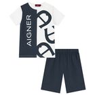 ملابس نوم بشعار باللونين الأبيض و الكحلي للأولاد, 1, hi-res