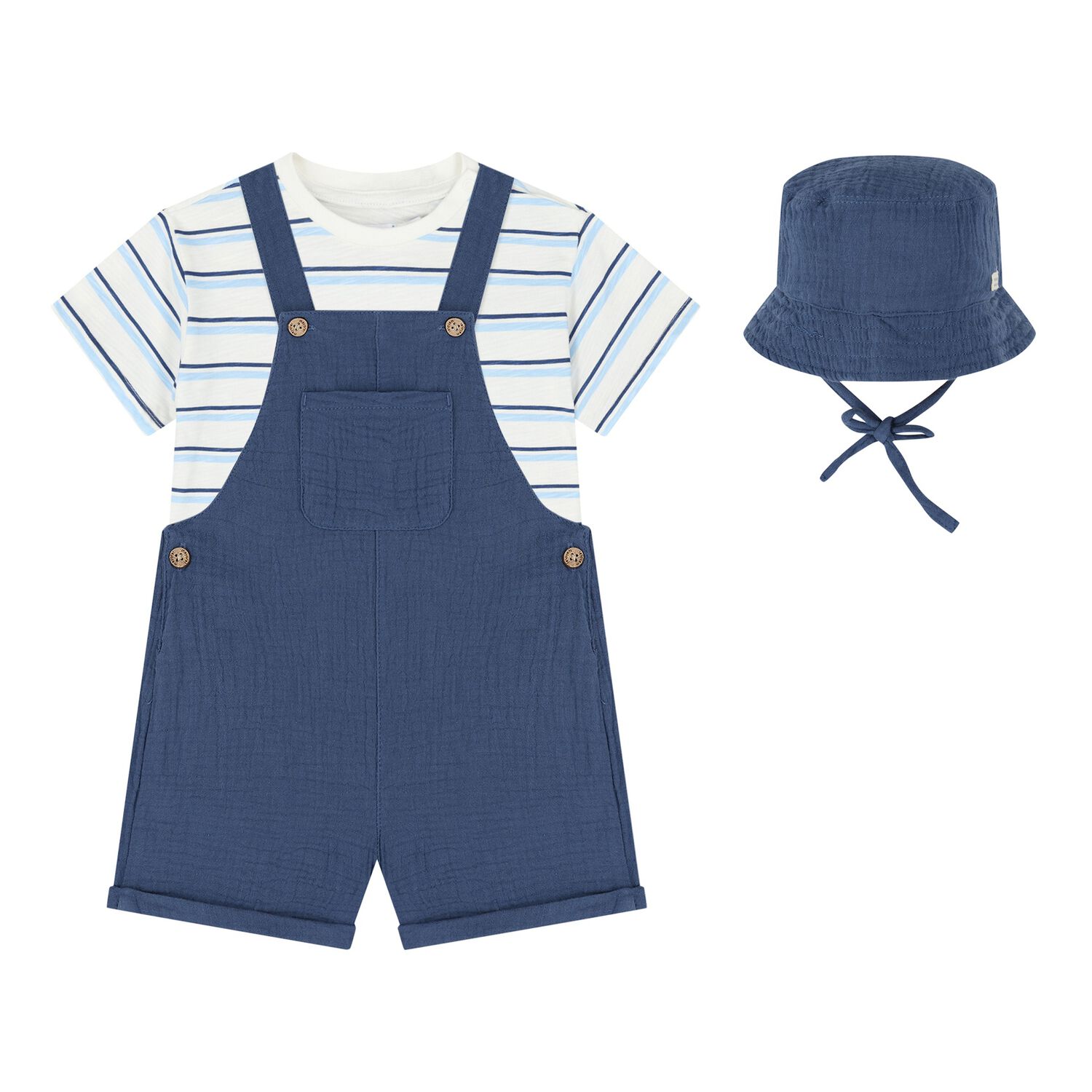 Younger Boys Navy Blue Dungaree & Hat Set (3 Piece) , 2, hi-res