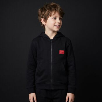 Boys Black Logo Hooded Zip Up Top