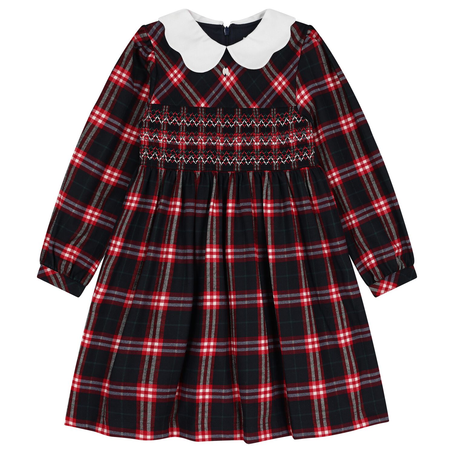 Girls Navy Blue & Red Tartan Check Dress, 1, hi-res