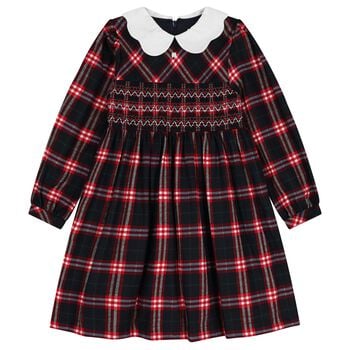 Girls Navy Blue & Red Tartan Check Dress