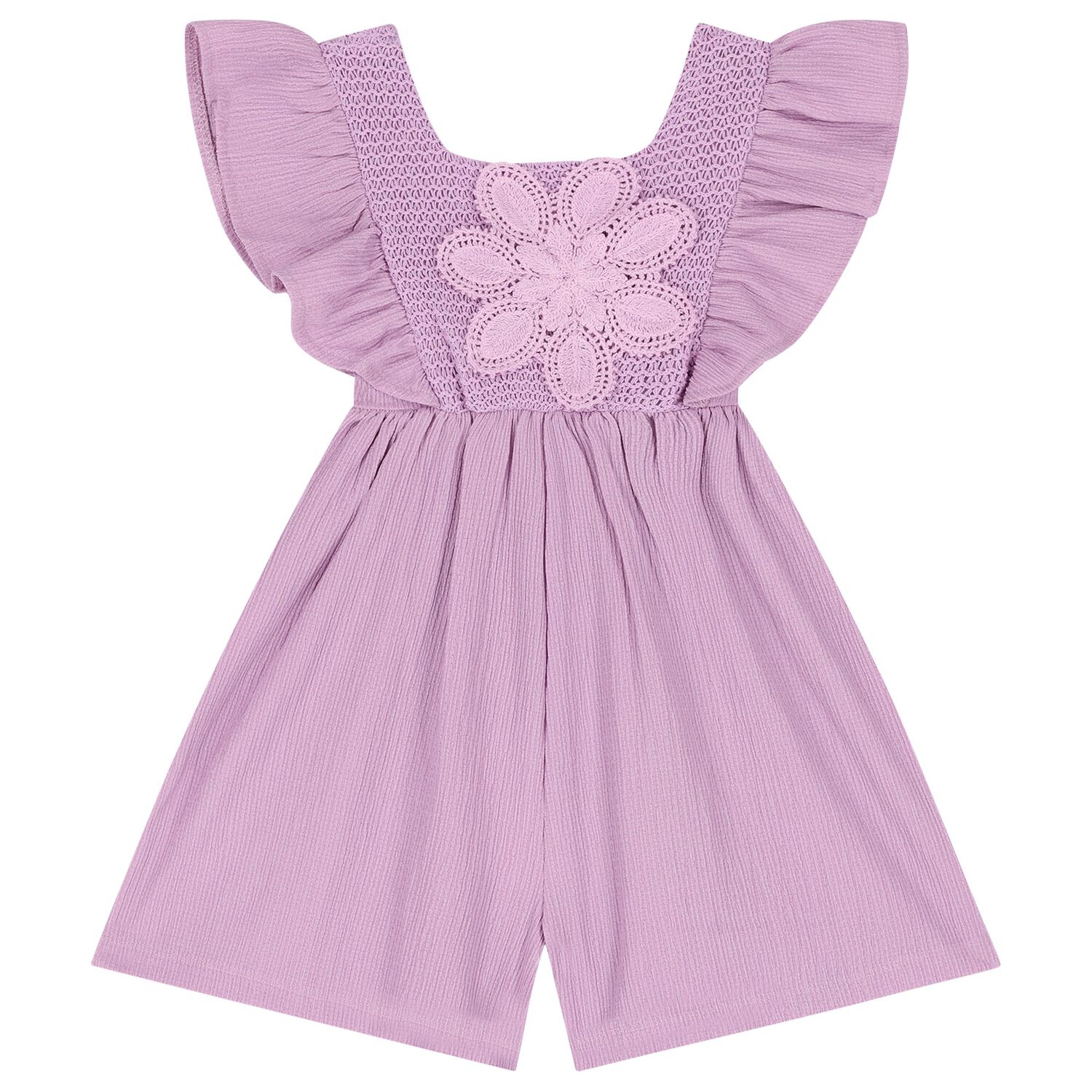 Girls Purple Crochet Flower Playsuit, 1, hi-res