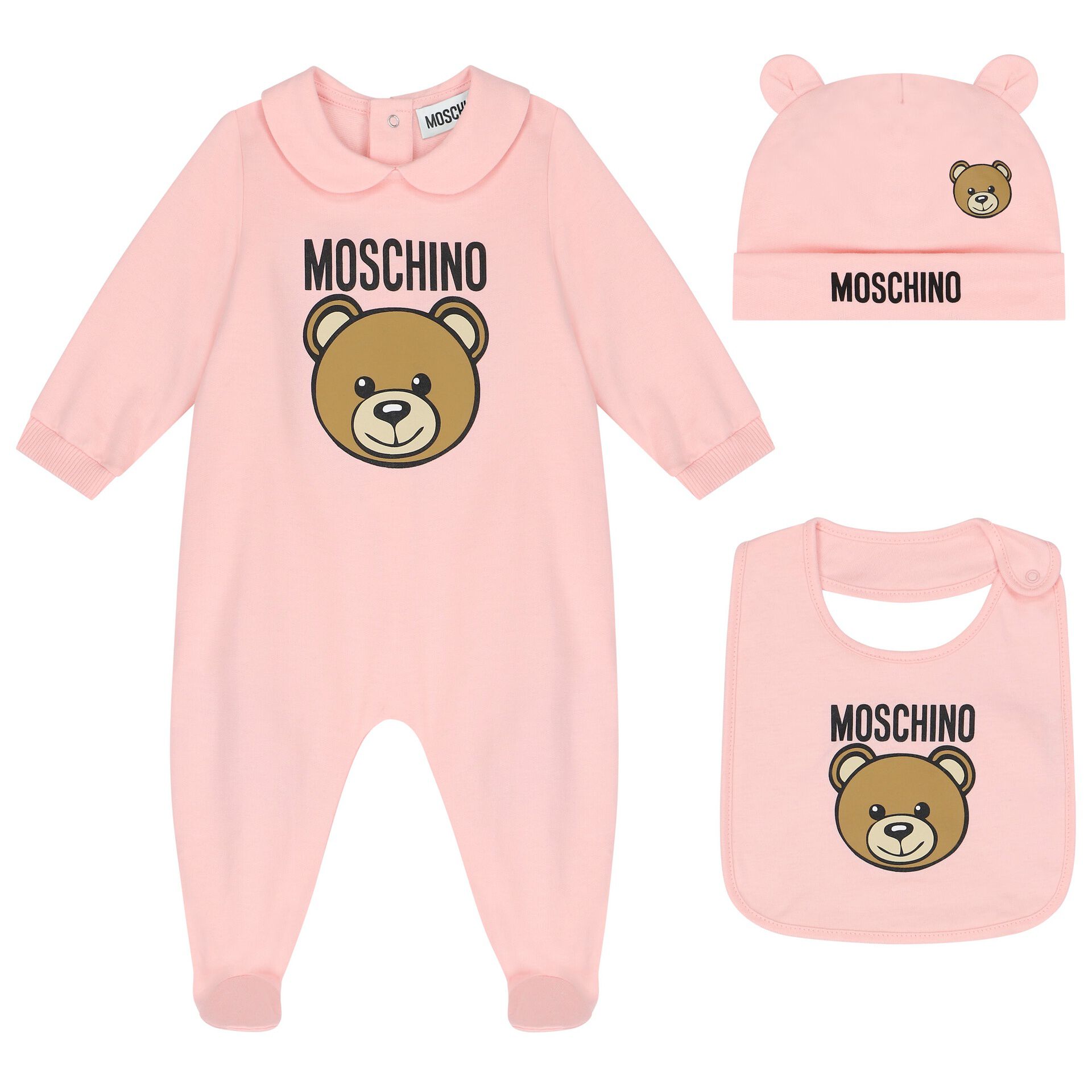 Moschino Baby Girls Pink Teddy Bear Logo Babygrow Gift Set Junior Couture