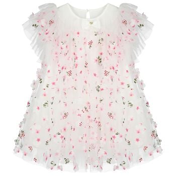 Girls White & Pink Tulle Flowers Dress