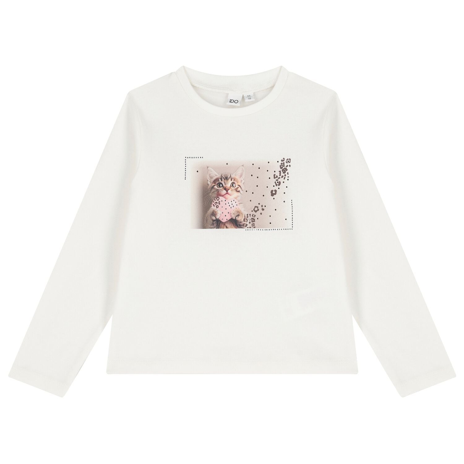 Girls Ivory Kitten Long Sleeve Top, 1, hi-res