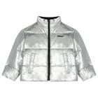 Girls Silver & Black Logo Reversible Puffer Jacket, 1, hi-res