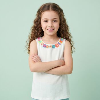 Girls White 3D Flower Sleeveless Top